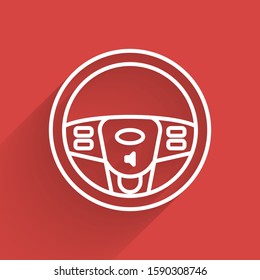 White line Steering wheel icon isolated with long shadow. Car wheel icon.  Vector Illustration