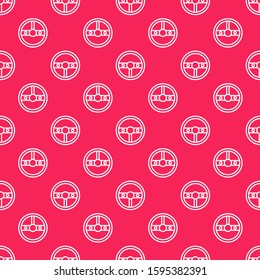 White line Steering wheel icon isolated seamless pattern on red background. Car wheel icon.  Vector Illustration