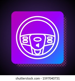 White line Steering wheel icon isolated on black background. Car wheel icon. Square color button. Vector Illustration
