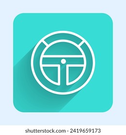 Icono del volante de la dirección de la línea blanca aislado con una sombra larga. Icono de rueda del coche. Botón cuadrado verde. Ilustración vectorial