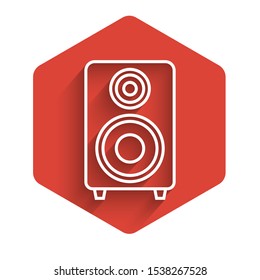 White line Stereo speaker icon isolated with long shadow. Sound system speakers. Music icon. Musical column speaker bass equipment. Red hexagon button. Vector Illustration