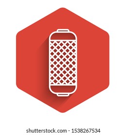 White line Stereo speaker icon isolated with long shadow. Sound system speakers. Music icon. Musical column speaker bass equipment. Red hexagon button. Vector Illustration