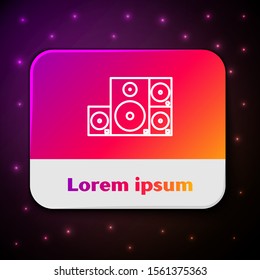 White line Stereo speaker icon isolated on black background. Sound system speakers. Music icon. Musical column speaker bass equipment. Rectangle color button. Vector Illustration