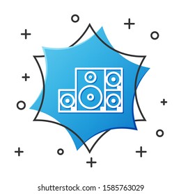 White line Stereo speaker icon isolated on white background. Sound system speakers. Music icon. Musical column speaker bass equipment. Blue hexagon button. Vector Illustration