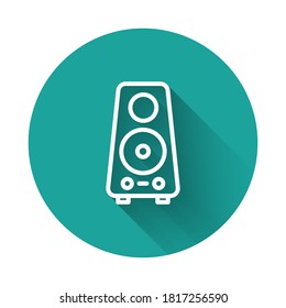 White line Stereo speaker icon isolated with long shadow. Sound system speakers. Music icon. Musical column speaker bass equipment. Green circle button. Vector.