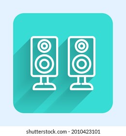 White line Stereo speaker icon isolated with long shadow. Sound system speakers. Music icon. Musical column speaker bass equipment. Green square button. Vector