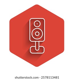 White line Stereo speaker icon isolated with long shadow. Sound system speakers. Music icon. Musical column speaker bass equipment. Red hexagon button. Vector