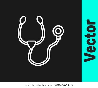 White line Stethoscope medical instrument icon isolated on black background.  Vector