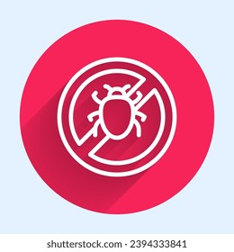 White line Stop colorado beetle icon isolated with long shadow background. Red circle button. Vector