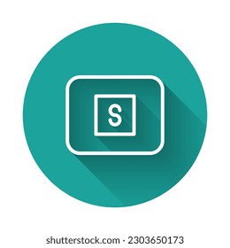 White line Stop media button icon isolated with long shadow background. Green circle button. Vector