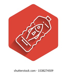 White line Stop ocean plastic pollution icon isolated with long shadow. Environment protection concept. Fish say no to plastic. Red hexagon button. Vector Illustration