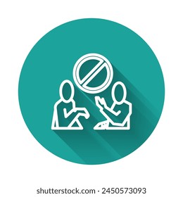 White line Stop plastic pollution icon isolated with long shadow. Ecological poster. Green circle button. Vector Illustration