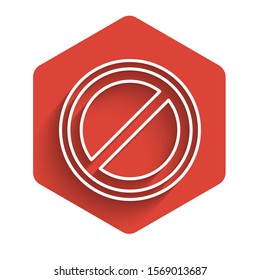 White line Stop sign icon isolated with long shadow. Traffic regulatory warning stop symbol. Red hexagon button. Vector Illustration