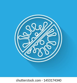 White line Stop virus, bacteria, germs and microbe icon isolated with long shadow. Antibacterial and antiviral defence, protection infection.  Vector Illustration