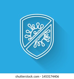 White line Stop virus, bacteria, germs and microbe icon isolated with long shadow. Antibacterial and antiviral defence, protection infection.  Vector Illustration