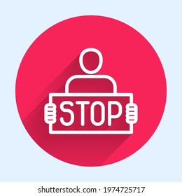 White line Stop war icon isolated with long shadow. Antiwar protest. World peace concept. Red circle button. Vector