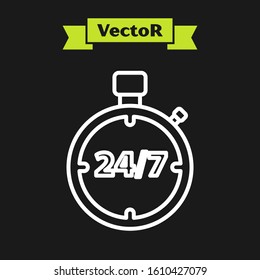 White line Stopwatch 24 hours icon isolated on black background. All day cyclic icon. 24 hours service symbol.  Vector Illustration