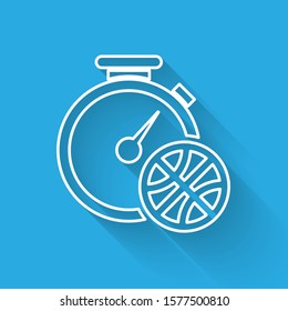 White line Stopwatch with basketball ball inside icon isolated with long shadow. Basketball time. Sport and training.  Vector Illustration