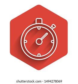 White line Stopwatch icon isolated with long shadow. Time timer sign. Chronometer sign. Red hexagon button. Vector Illustration