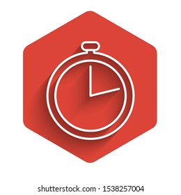 White line Stopwatch icon isolated with long shadow. Time timer sign. Red hexagon button. Vector Illustration