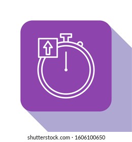 White line Stopwatch icon isolated on white background. Time timer sign. Chronometer sign. Purple square button. Vector Illustration