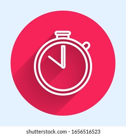 Icono de Stopwatch de la línea blanca aislado con una sombra larga. Signo del temporizador de tiempo. Signo del ronómetro. Botón de círculo rojo.  Ilustración vectorial