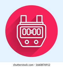 Icono de Stopwatch de la línea blanca aislado con una sombra larga. Signo del temporizador de tiempo. Signo del ronómetro. Botón de círculo rojo. Ilustración vectorial