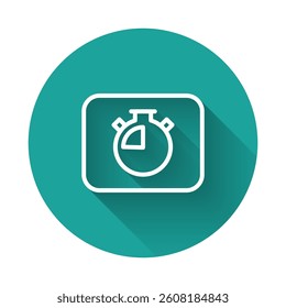 White line Stopwatch icon isolated with long shadow background. Time timer sign. Chronometer sign. Green circle button. Vector