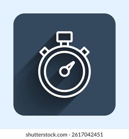 White line Stopwatch icon isolated with long shadow background. Time timer sign. Chronometer sign. Blue square button. Vector