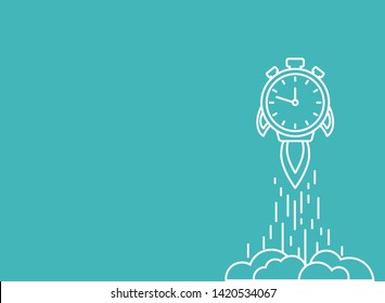 white line stopwatch rocket ship with fire and clouds. Fast time stop watch, limited offer, deadline symbol. Vector illustration on blue. Time to work. Countdown shuttle