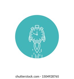 white line stopwatch rocket ship with fire and clouds. Fast time stop watch, limited offer, deadline symbol. Vector illustration on blue. Time to work. Countdown shuttle