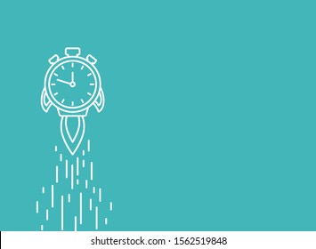 cohete crono blanco con fuego y nubes. Hora de parada rápida, oferta limitada, símbolo de fecha límite. Ilustración vectorial en azul. Es hora de trabajar. Servicio de cuenta regresiva