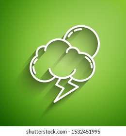 White line Storm icon isolated on green background. Cloud with lightning and sun sign. Weather icon of storm.  Vector Illustration
