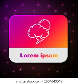 White line Storm icon isolated on black background. Cloud with lightning and sun sign. Weather icon of storm. Rectangle color button. Vector Illustration