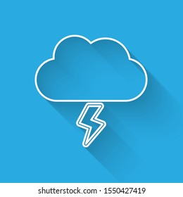 White line Storm icon isolated with long shadow. Cloud and lightning sign. Weather icon of storm.  Vector Illustration