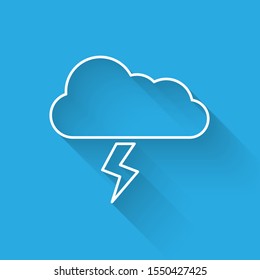 White line Storm icon isolated with long shadow. Cloud and lightning sign. Weather icon of storm.  Vector Illustration