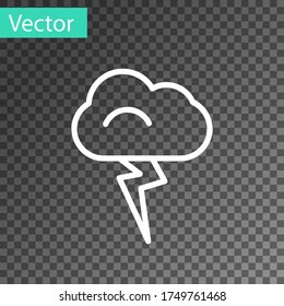 White line Storm icon isolated on transparent background. Cloud and lightning sign. Weather icon of storm. Vector Illustration