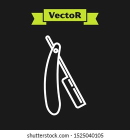 White line Straight razor icon isolated on black background. Barbershop symbol.  Vector Illustration