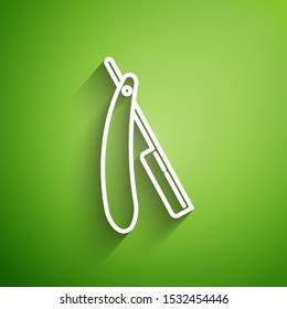 White line Straight razor icon isolated on green background. Barbershop symbol.  Vector Illustration