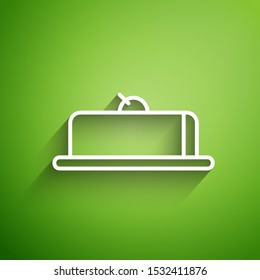 White line Strawberry cheesecake slice with fruit topping icon isolated on green background.  Vector Illustration