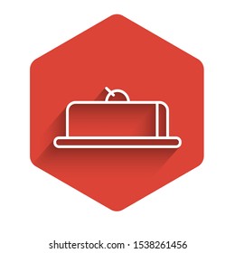 White line Strawberry cheesecake slice with fruit topping icon isolated with long shadow. Red hexagon button. Vector Illustration