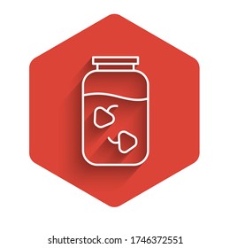 White line Strawberry jam jar icon isolated with long shadow. Red hexagon button. Vector