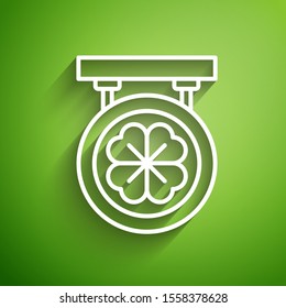 White line Street signboard with four leaf clover icon isolated on green background. Suitable for advertisements bar, cafe, pub.  Vector Illustration