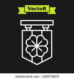White line Street signboard with four leaf clover icon isolated on black background. Suitable for advertisements bar, cafe, pub.  Vector Illustration