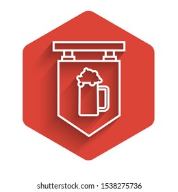 White line Street signboard with glass of beer icon isolated with long shadow. Suitable for advertisements bar, cafe, pub, restaurant. Red hexagon button. Vector Illustration