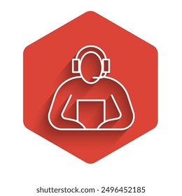 White line Student icon isolated with long shadow. Red hexagon button. Vector Illustration