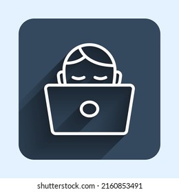 White line Student working at laptop icon isolated with long shadow background. Workplace concept. Blue square button. Vector