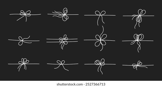 White line style gift ribbon bows set isolated on black background. Doodle line style gift box ribbon bows in a thin, simple, minimal hand drawn design for elegant festive present decoration.