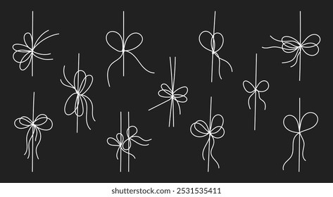 White line style gift ribbon bows set isolated on black background. Doodle line style gift box ribbon bows in a thin, simple, minimal hand drawn design for elegant festive present decoration.