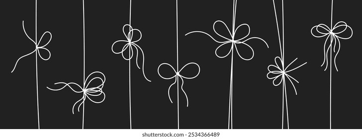 White line style gift ribbon bows set isolated on black background. Doodle line style gift box ribbon bows in a thin, simple, minimal hand drawn design for elegant festive present decoration.